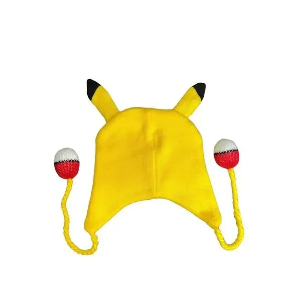 Pokemon Pikachu Beanie Knit Nintendo Winter Hat With Ears & Pokeballs 2015 NEW - Picture 3 of 5